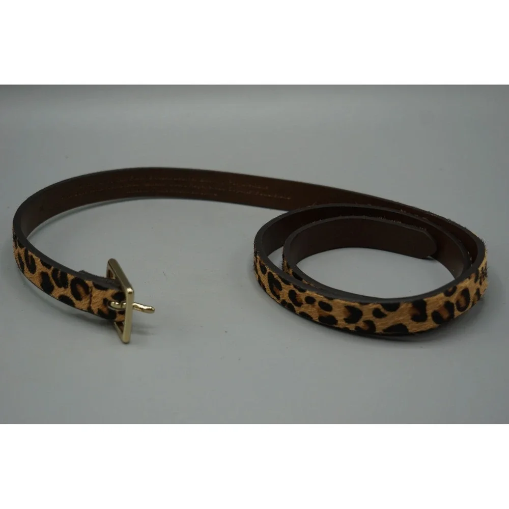 Leopard Print Calf Hair Skinny Belt Gold Buckle Animal Print Brown Tan Medium